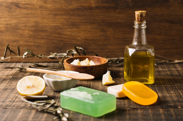 Soap bars with ingredients in sunlight