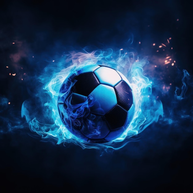 Free photo soccer ball ablaze with blue fire in dark smoke