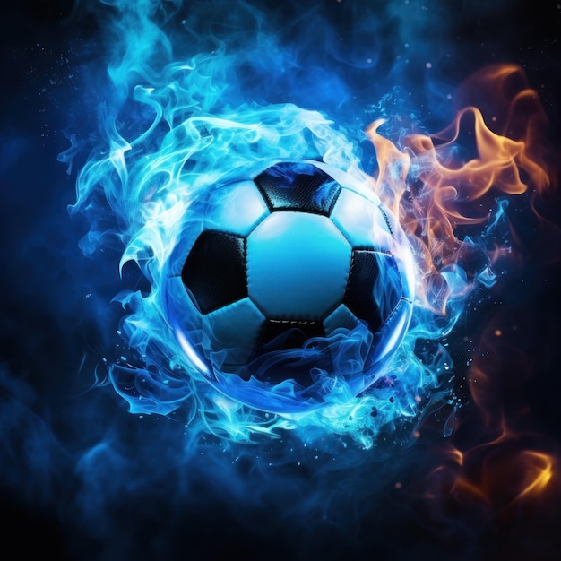 Free photo a soccer ball enveloped in blue flames and black smoke