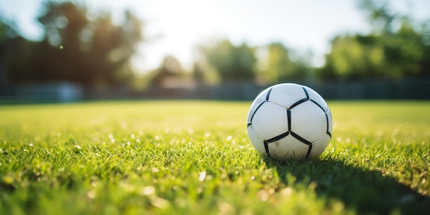 Free photo soccer ball in the foreground with a blurred field behind