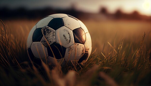 Soccer ball on green grass with selective focus generative AI