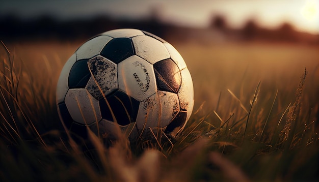 Soccer ball on green grass with selective focus generative AI