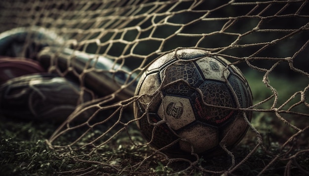 Free photo soccer ball kicking through dirty netting generated by ai