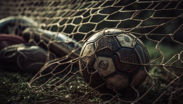 Soccer ball kicking through dirty netting generated by AI