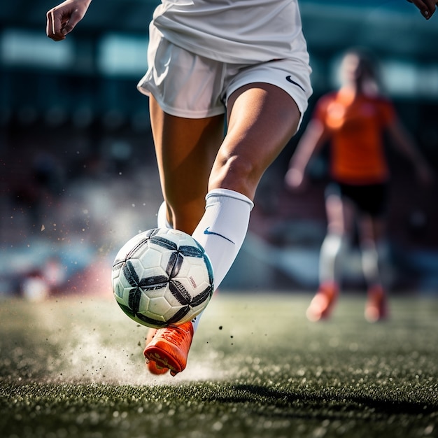 Free photo soccer player with ball on grass field