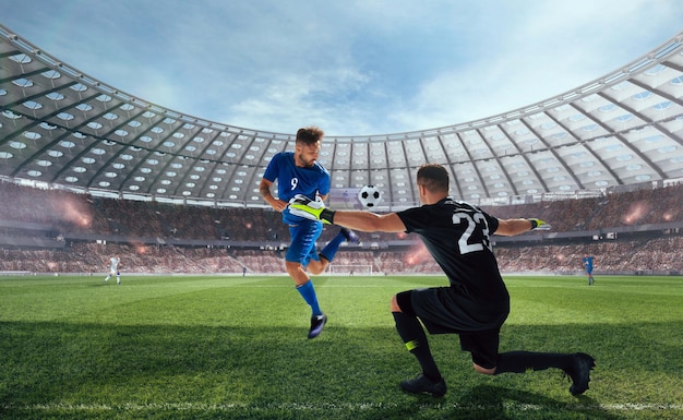 Soccer players in action on professional stadium