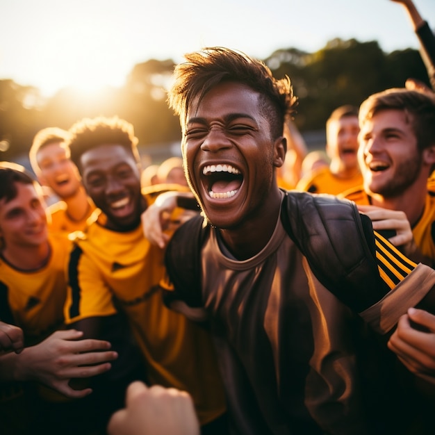 無料写真 集まって勝利を祝うサッカー選手