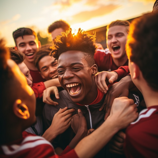 Free photo soccer players huddling and celebrating victory together