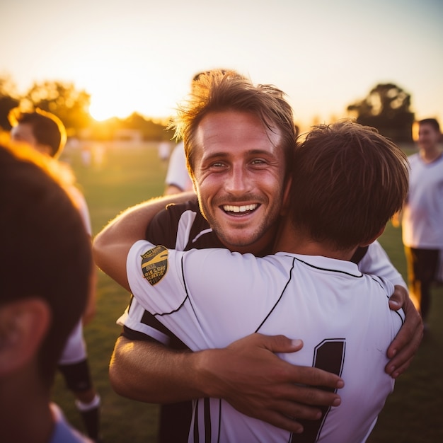 Foto gratuita giocatori di calcio che si stringono e festeggiano insieme la vittoria