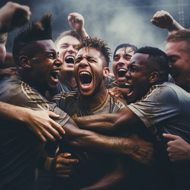 Soccer players huddling and celebrating victory together