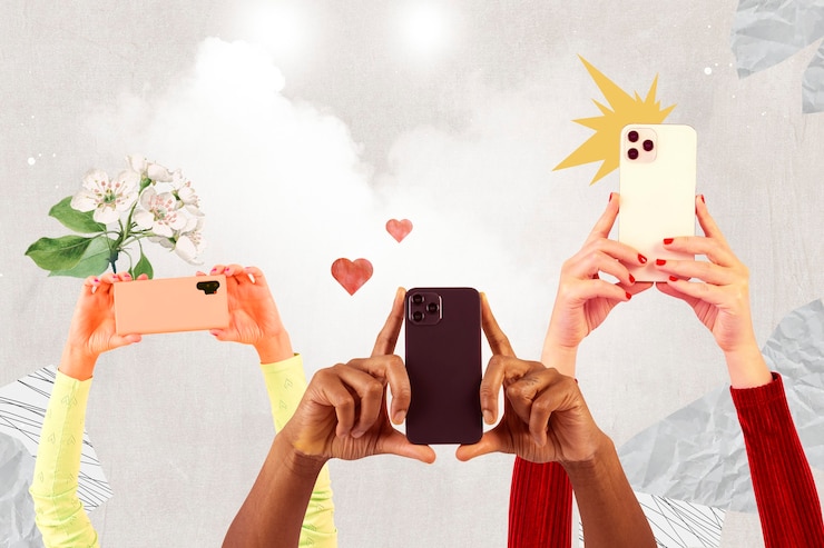 Бесплатный Фотография зрители социальных сетей снимают через смартфоны ремикшированные медиа