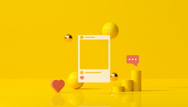 Social media with instagram photo frame and geometric shapes on yellow background illustration.