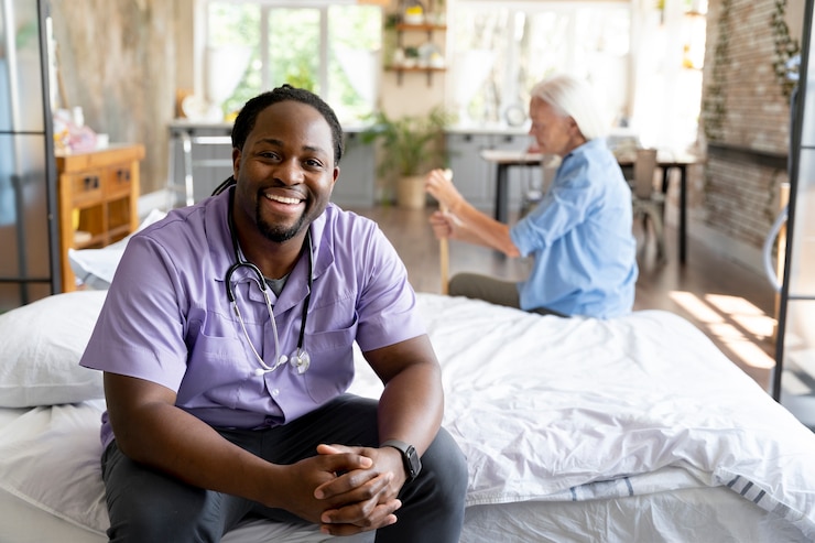 Free Photo social worker taking care of a senior woman