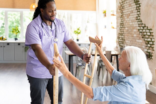 Social worker taking care of a senior woman