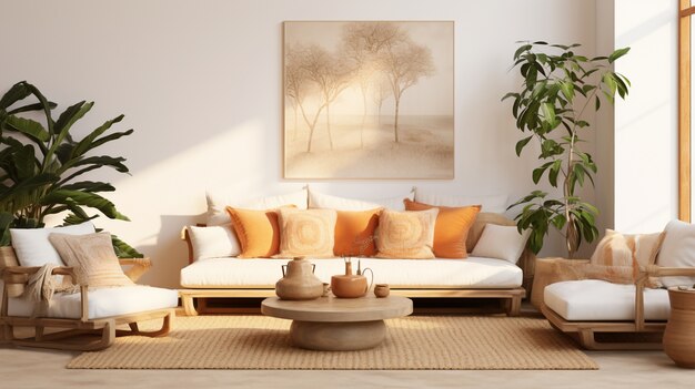 sofa in a living room decorated with brazilian folklore design