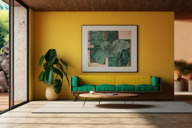 sofa in a living room decorated with brazilian folklore design