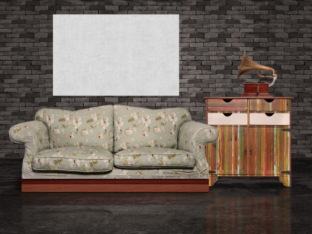 Sofa, screen and gramophone