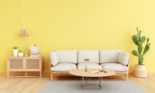 Sofa in yellow living room interior with copy space