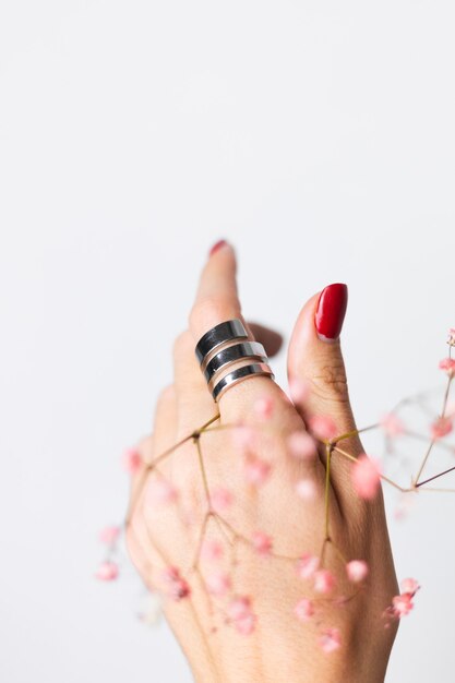 Soft gentle photo of woman hand with big ring red manicure hold cute little pink dried flowers on white.