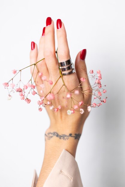 Soft gentle photo of woman hand with big ring red manicure hold cute little pink dried flowers on white.