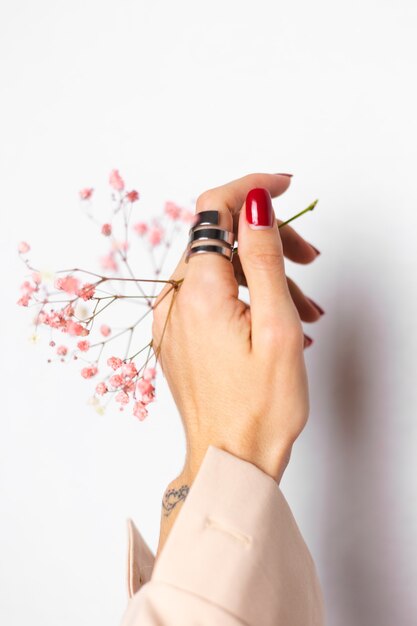 Soft gentle photo of woman hand with big ring red manicure hold cute little pink dried flowers on white.