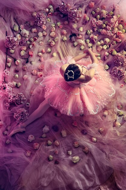 Soft at home. Top view of beautiful young woman in pink ballet tutu surrounded by flowers. Spring mood and tenderness in coral light.  Concept of spring, blossom and nature's awakening.