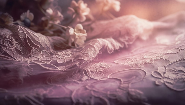 Soft purple petals on antique floral wallpaper generated by AI