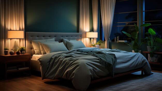 A softly lit bedroom at night by lamp light