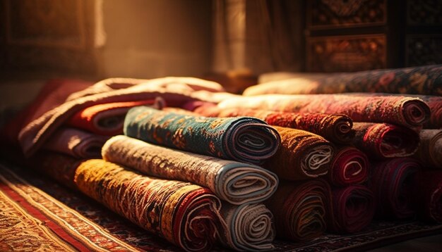 Softness and elegance Old fashioned textiles pile high generated by AI