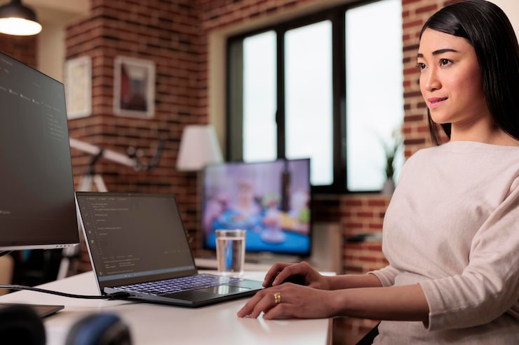 Free Photo software web developer coding html script with online cloud server and programming firewall security. learning new user interface on terminal window with code language and application.