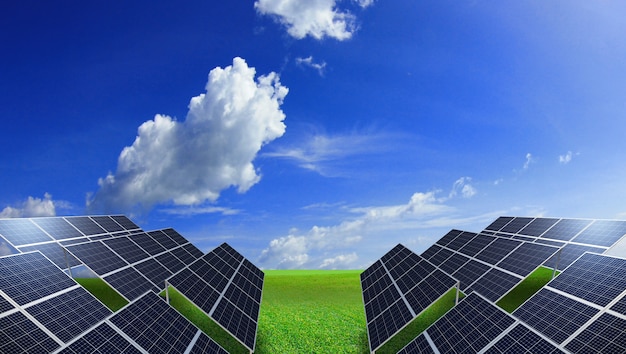 Solar panel on green meadows with blue sky, 3d rendering