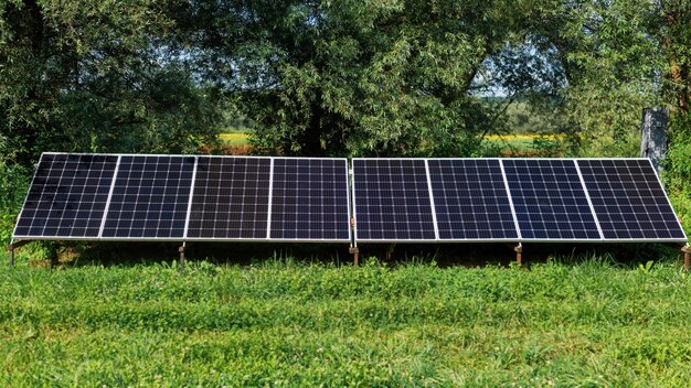 Solar panels on the ground in the nature. Greenery around