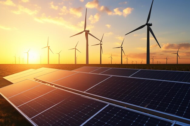 日没時のソーラーパネルと風力発電所 持続可能なエネルギー エコ環境