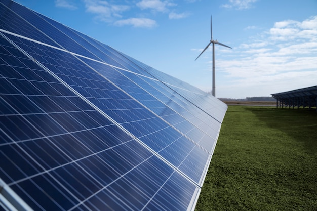 Solar pannels and wind power plant outside