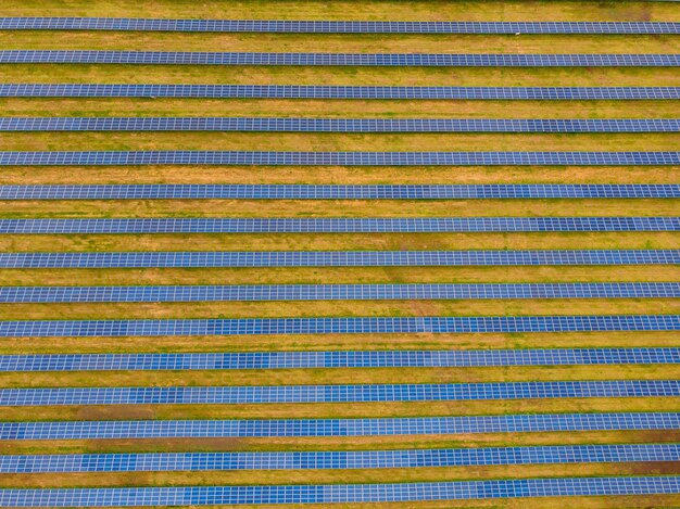 Solar power plant in the field Aerial view of Solar panels