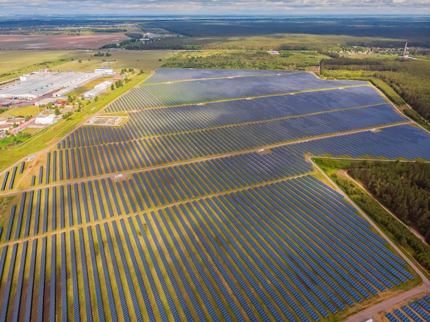 Solar power plant in the field Aerial view of Solar panels