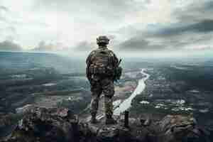 Free photo a soldier on the edge of a cliff