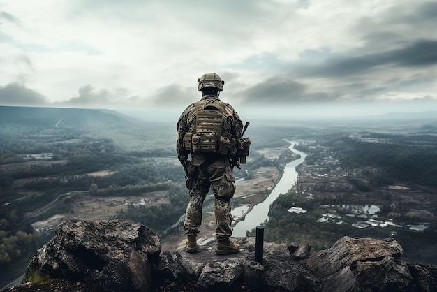 A soldier on the edge of a cliff