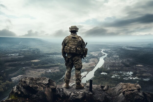 A soldier on the edge of a cliff