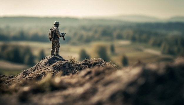 Free photo a soldier stands on a hill with a view of the valley in the background.