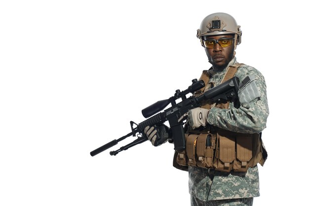 Soldier wearing Americans glasses protecting homeland