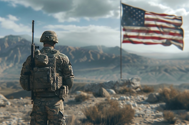 Free photo soldier with the american flag for us national loyalty day celebration