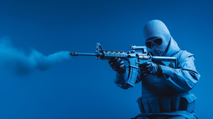 無料Photo 青い背景の手に銃を持った兵士 ⁇ 