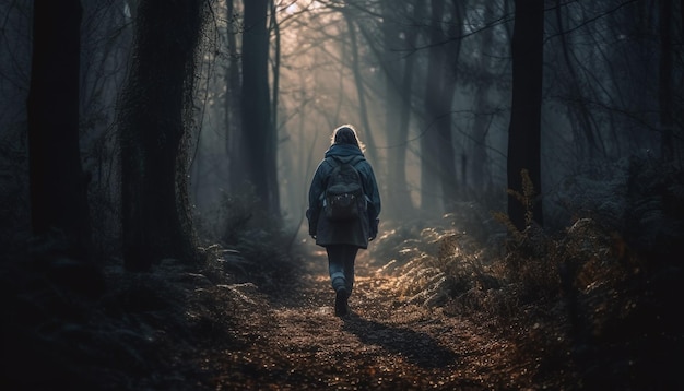 Free photo solitude in the spooky forest backpack adventure generated by ai