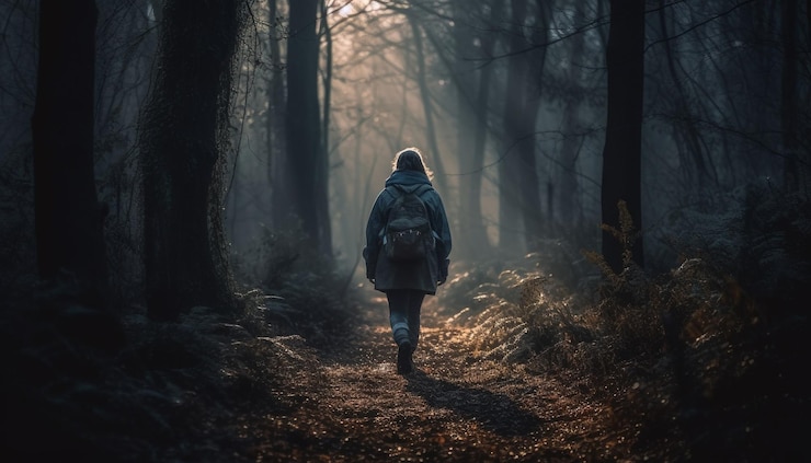 Free Photo solitude in the spooky forest backpack adventure generated by ai