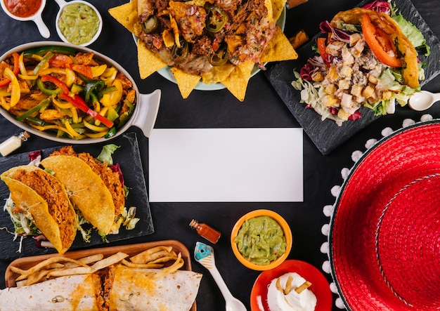 Сомбреро и мексиканские блюда возле бумажной карточки