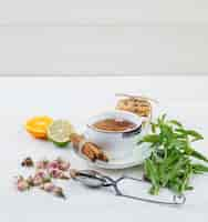 Free photo some herbal tea with tea strainer,herbs,citrus fruits and cookies