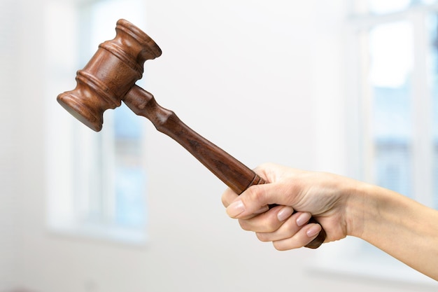 Someones hand holding wooden law gavel