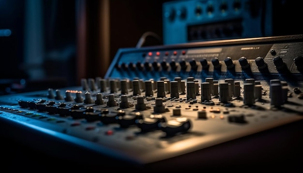 AI によって生成されたレコーディング スタジオでエレクトリック ミキサーを調整するサウンド エンジニア
