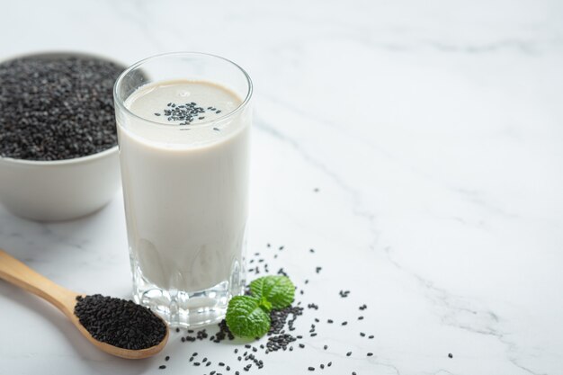 Soy milk mix black sesame on marble background